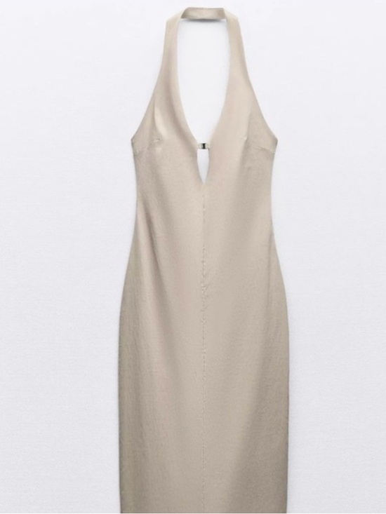 Zara Dresses & Skirts - Zara tan v neck halter open back sheath dress